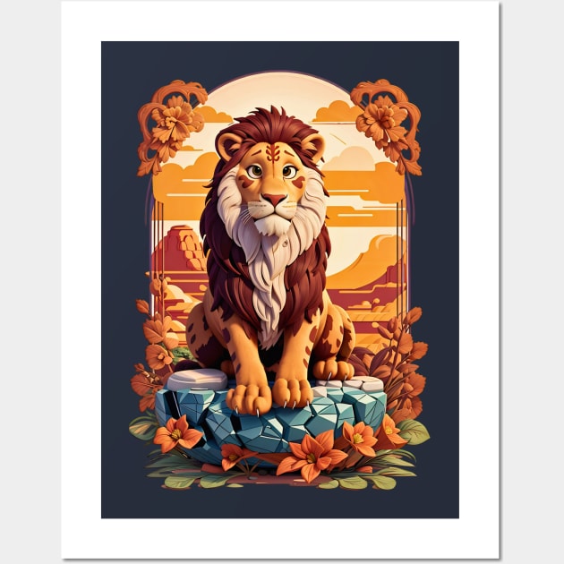 Lion sitting on a rock at sunset Disney 3D art floral design Wall Art by Neon City Bazaar